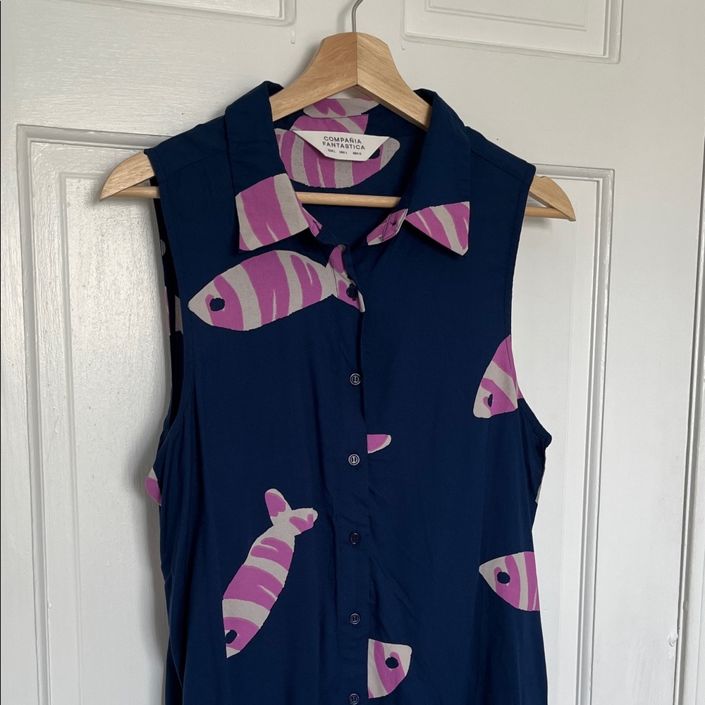 Fish Print Blouse Button Up Tank Top Womens